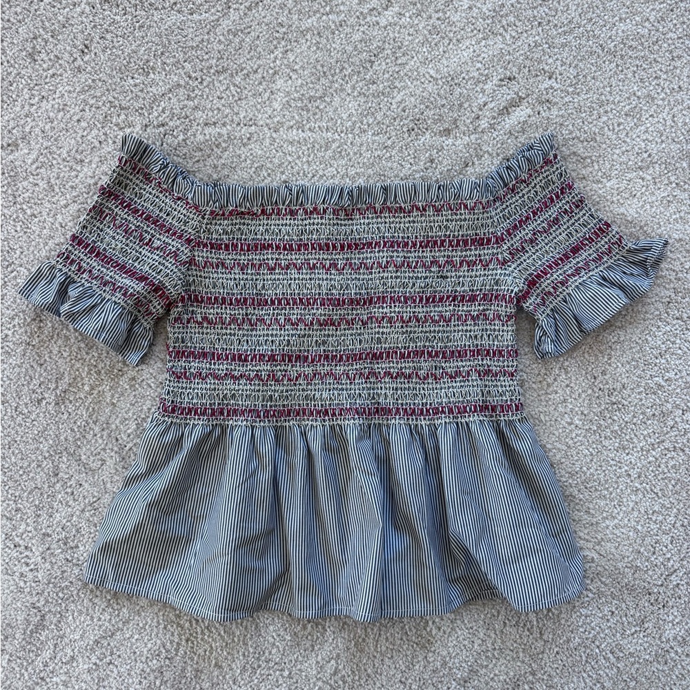 Off-Shoulder Striped Smocked Peplum Top in Navy and White with Red Accent